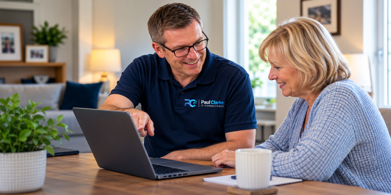 Friendly home IT support helping a customer with a laptop in Crewe and Nantwich